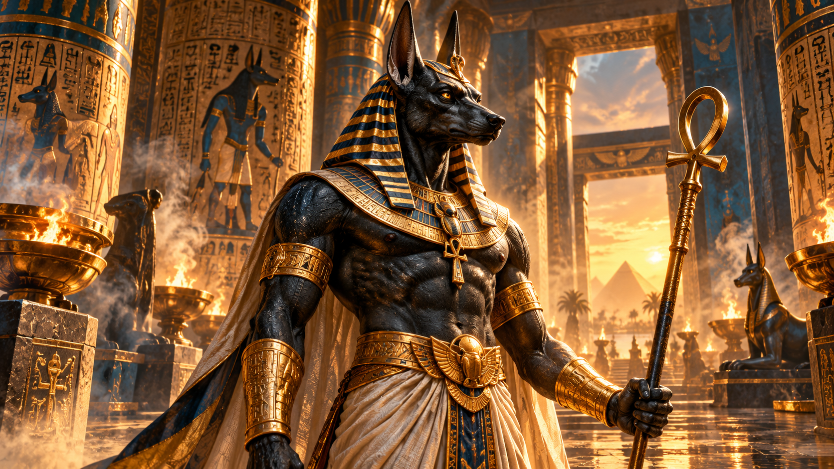 Anubis en el interior de un templo egipcio dorado