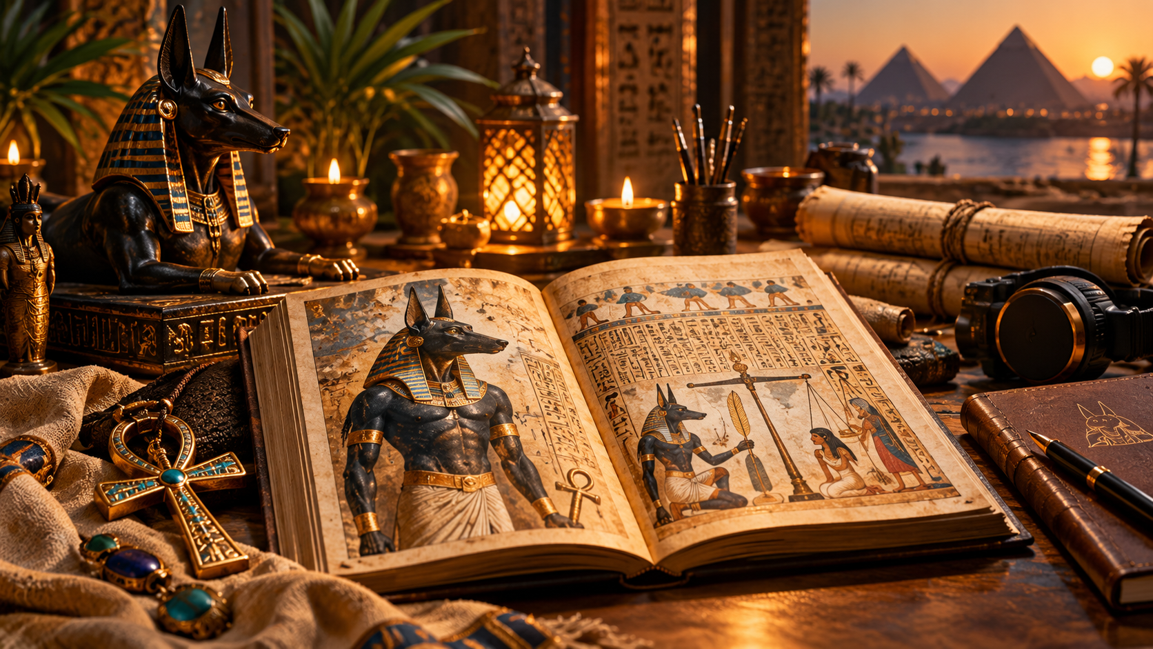 Escena premium de estudio con un libro sobre Anubis y objetos egipcios