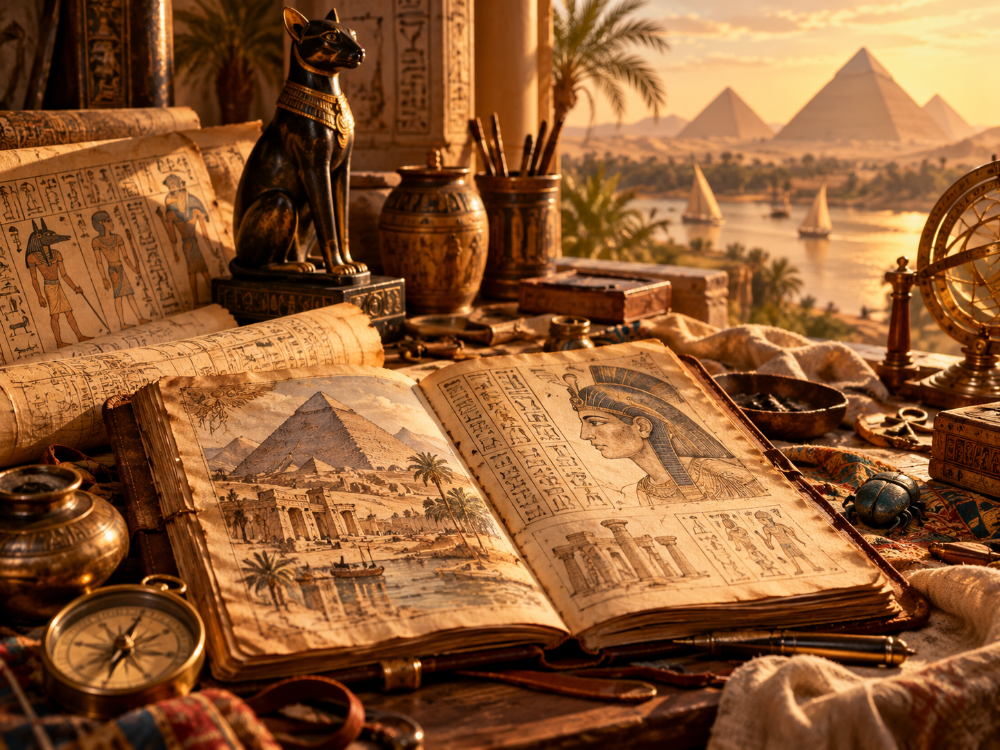 Ancient Egypt research scene with notebook, artifacts and pyramids in the distance