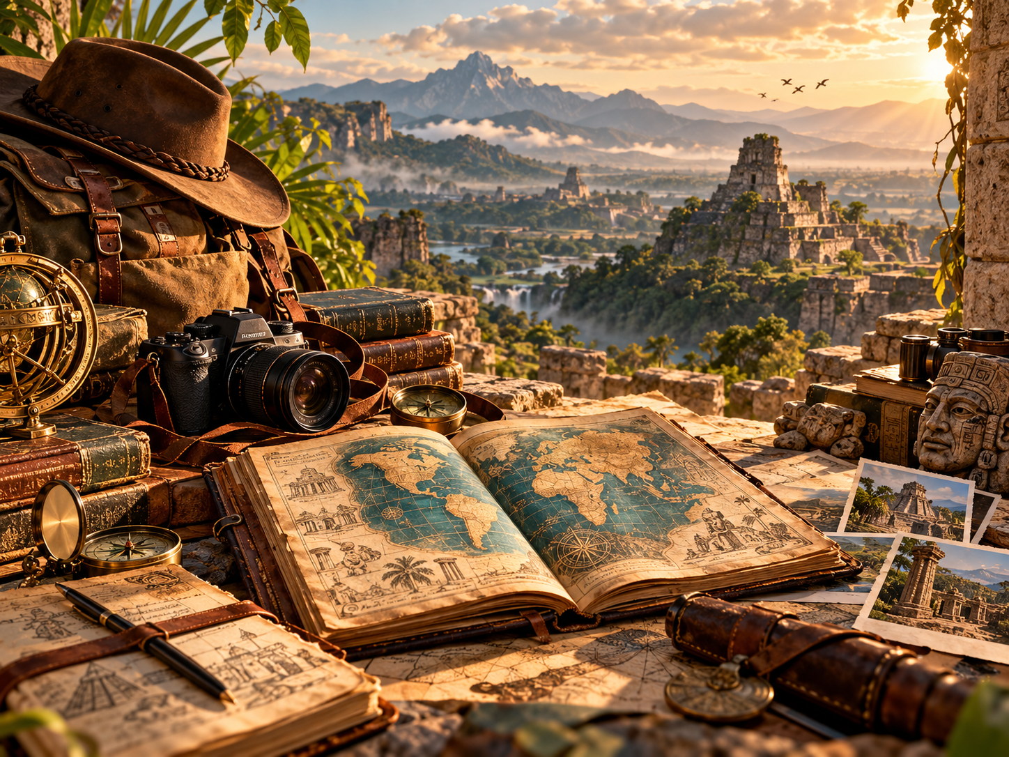 Explorer desk with camera, books and atlas facing ancient ruins