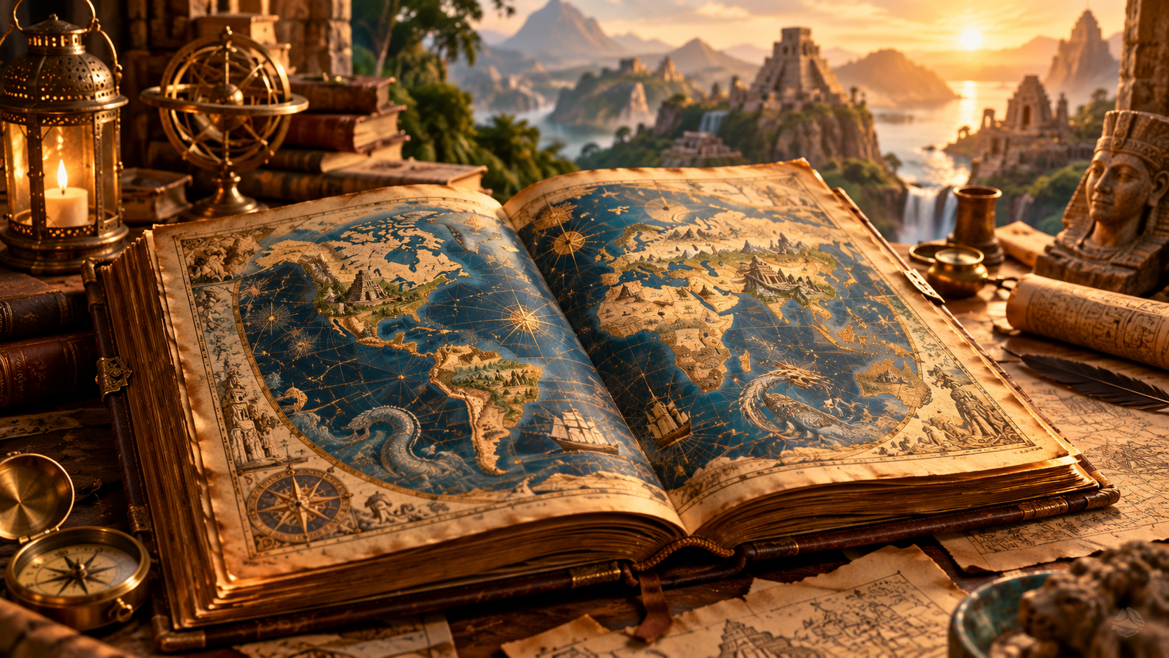 Ancient illuminated atlas surrounded by travel and mythic civilization objects