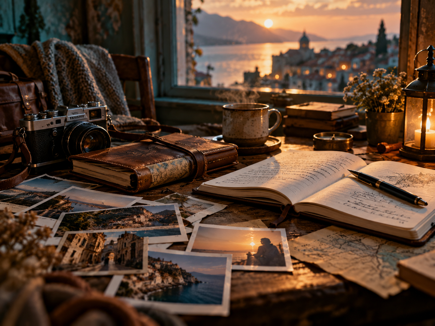 Author atelier with books, photographs, camera and handwritten notebook