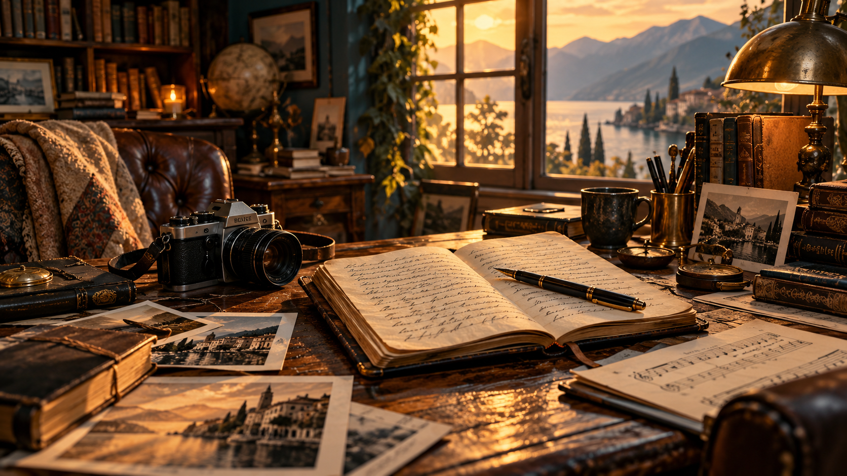 Creative writer studio with camera, notebook and warm sunset light