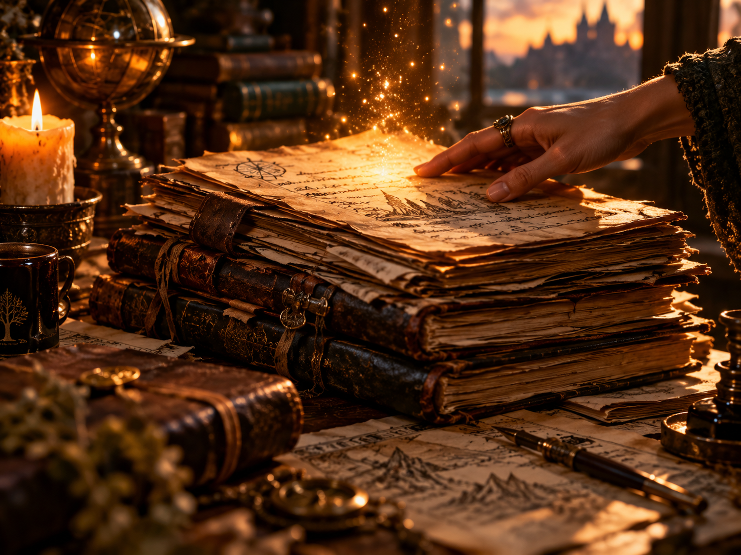 Stack of manuscripts and notebooks glowing under warm light
