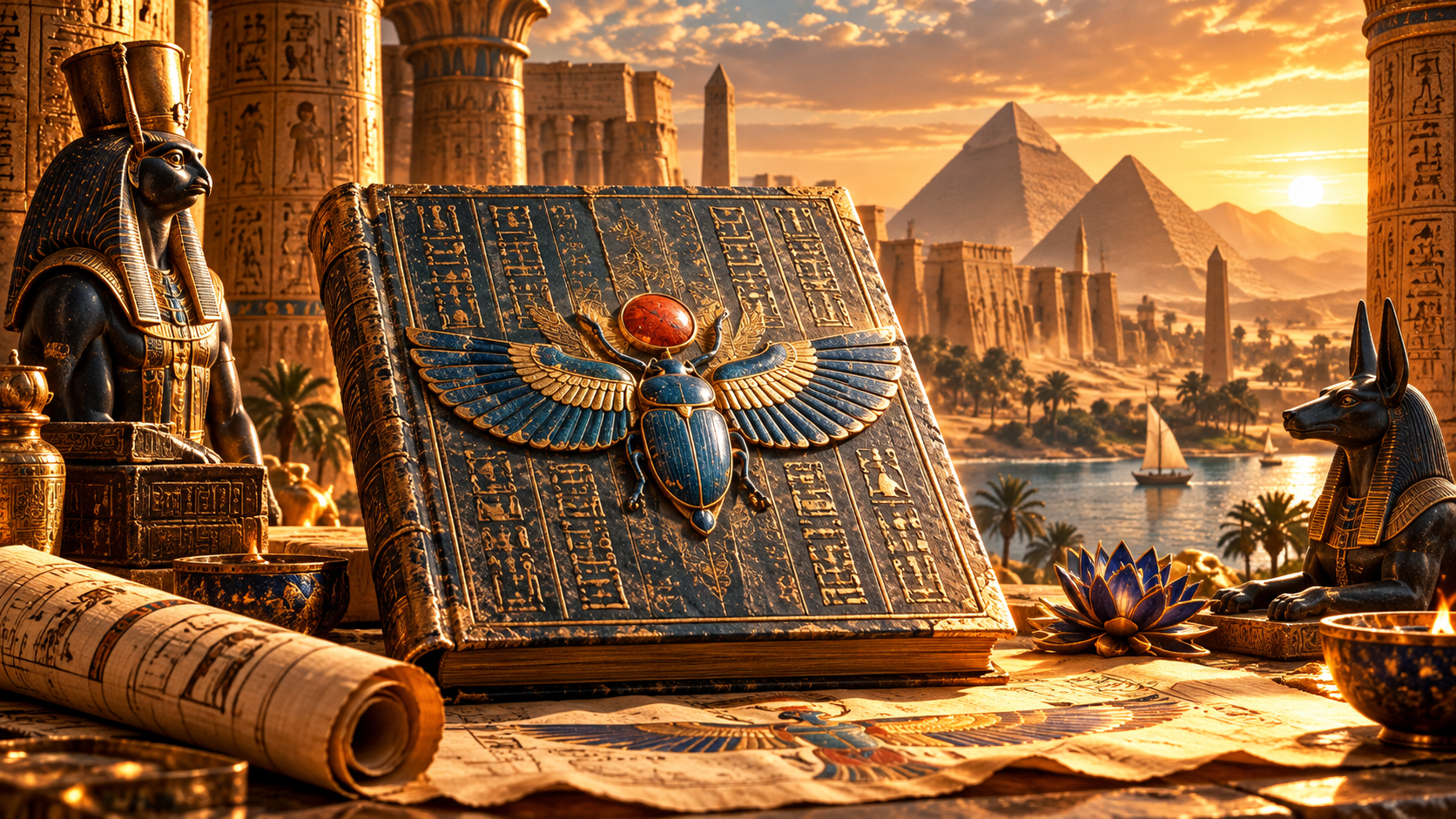 Premium Ancient Egypt book scene with Nile, pyramids and sacred symbols