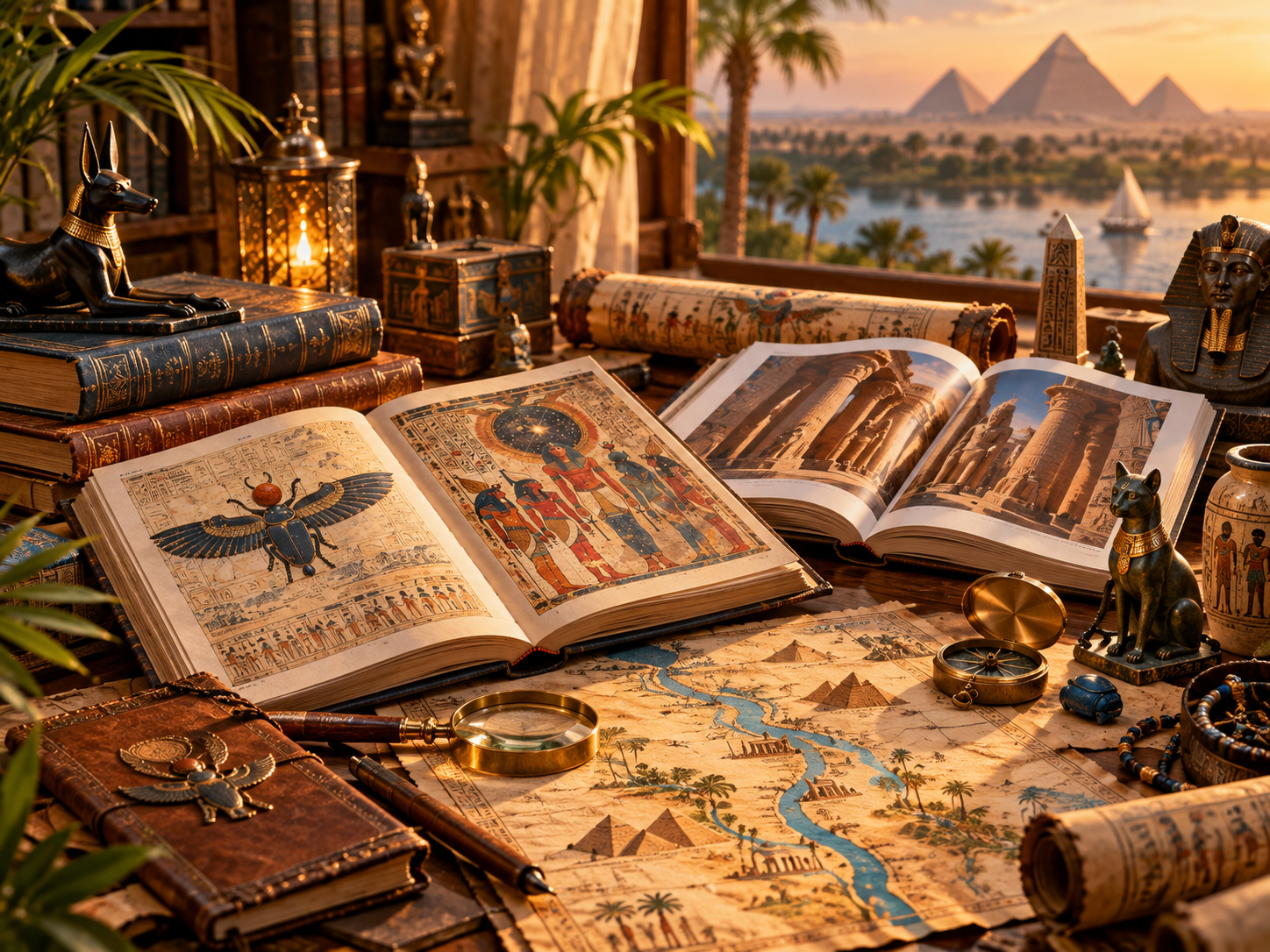 Research desk with Egypt books, map and artifacts