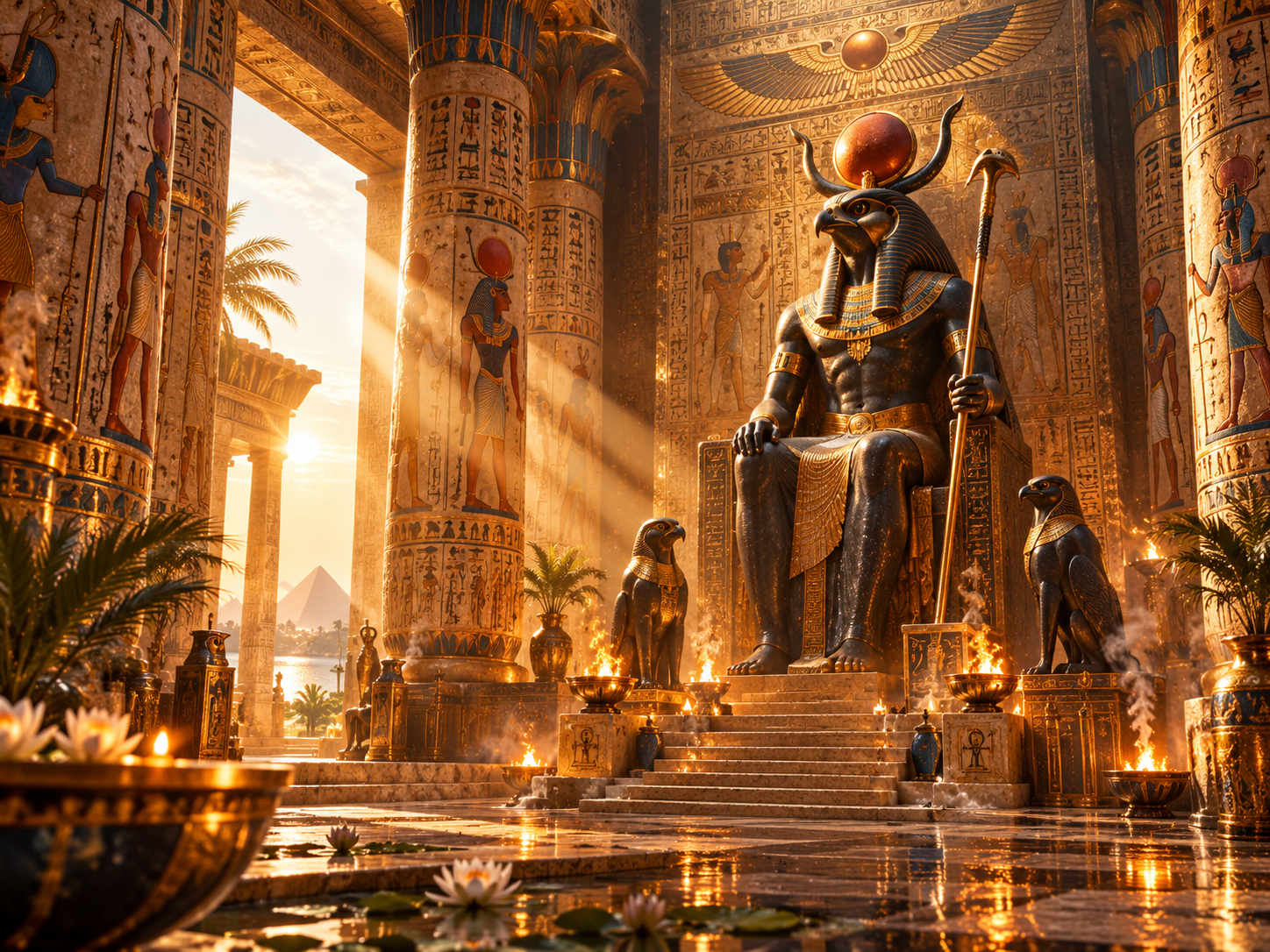 Golden Egyptian temple interior with sacred light and deity statue
