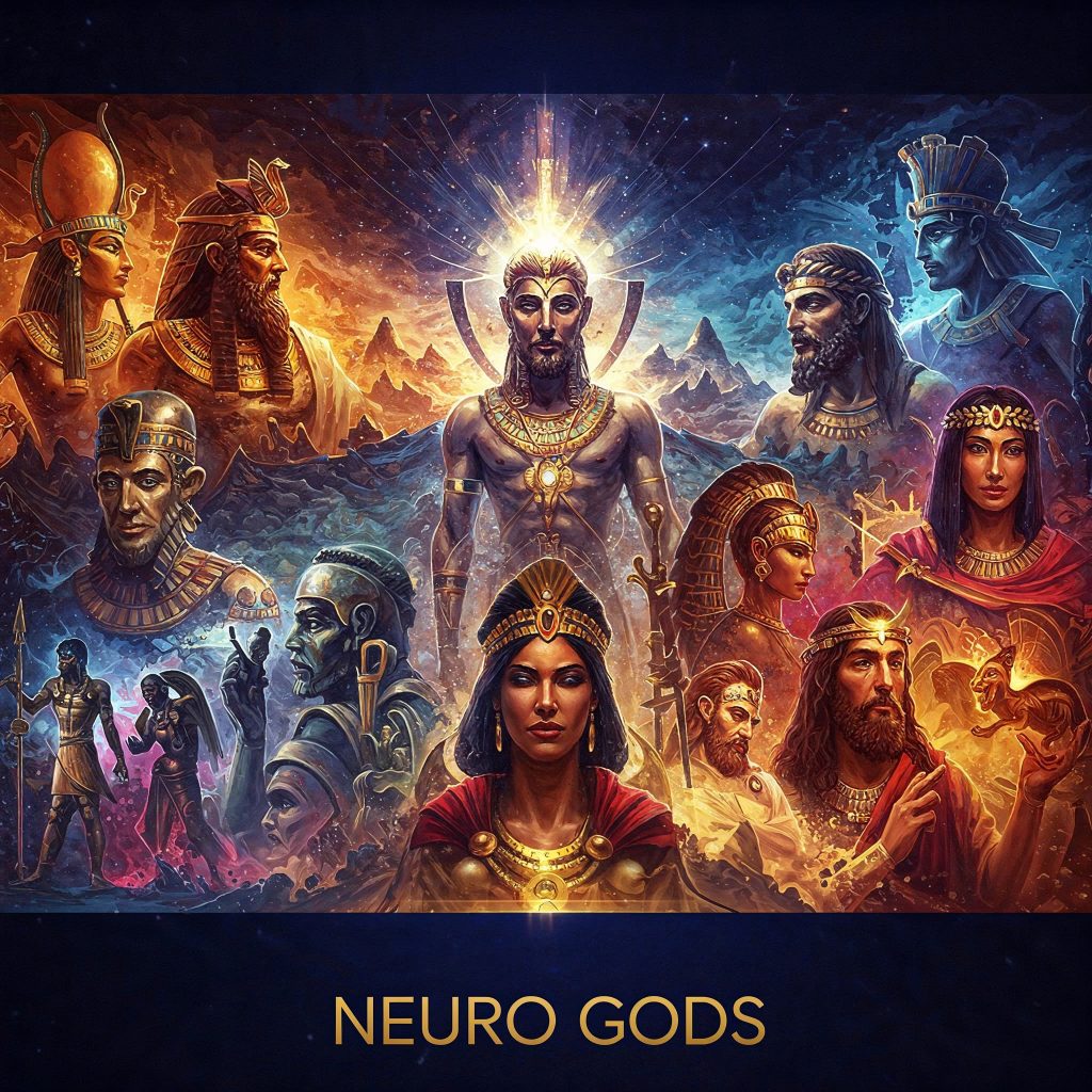 Official Neuro Gods artwork with mythological characters in a vibrant cinematic composition