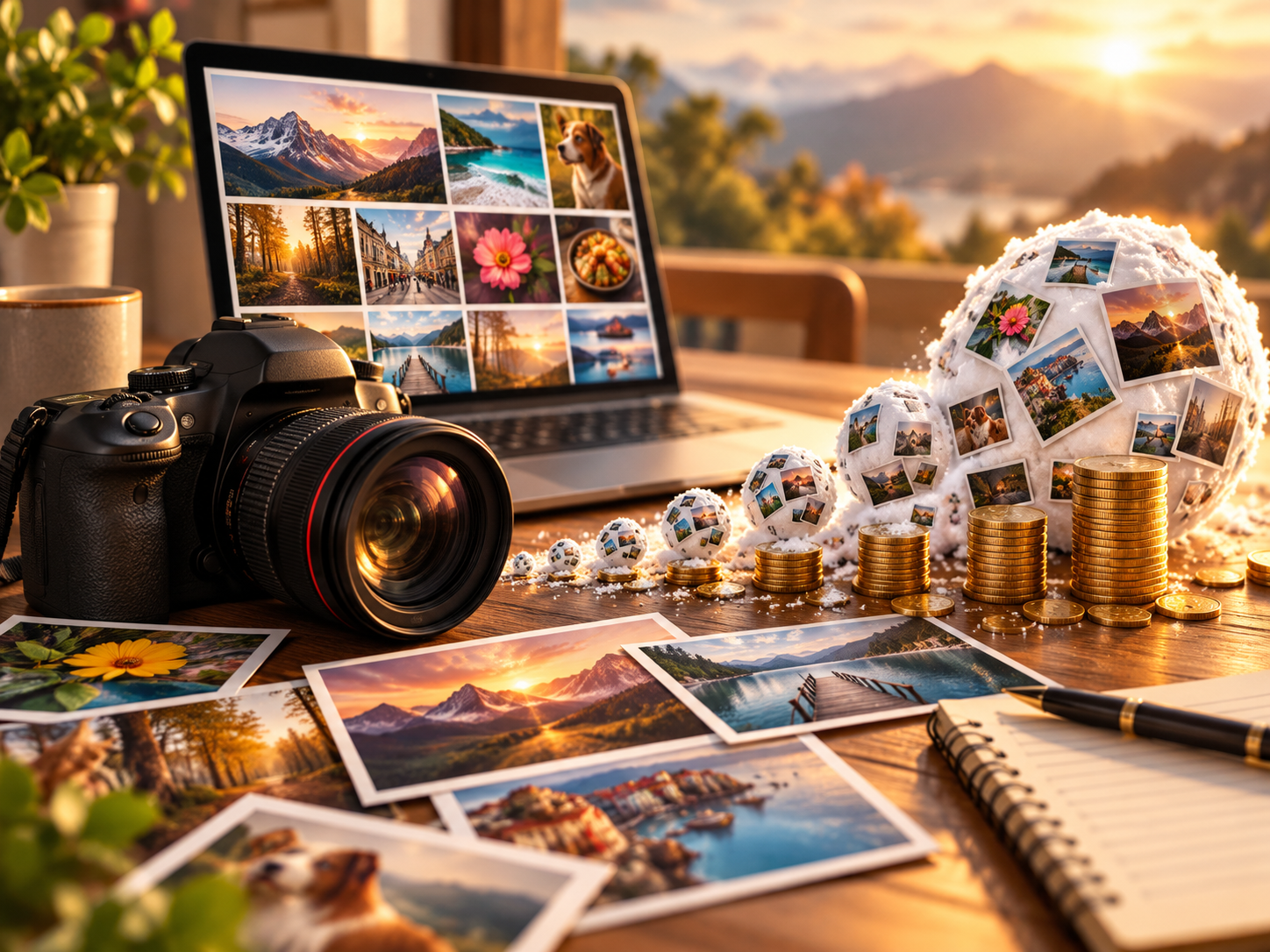 Microstock income visualized as a growing snowball of photo sales.