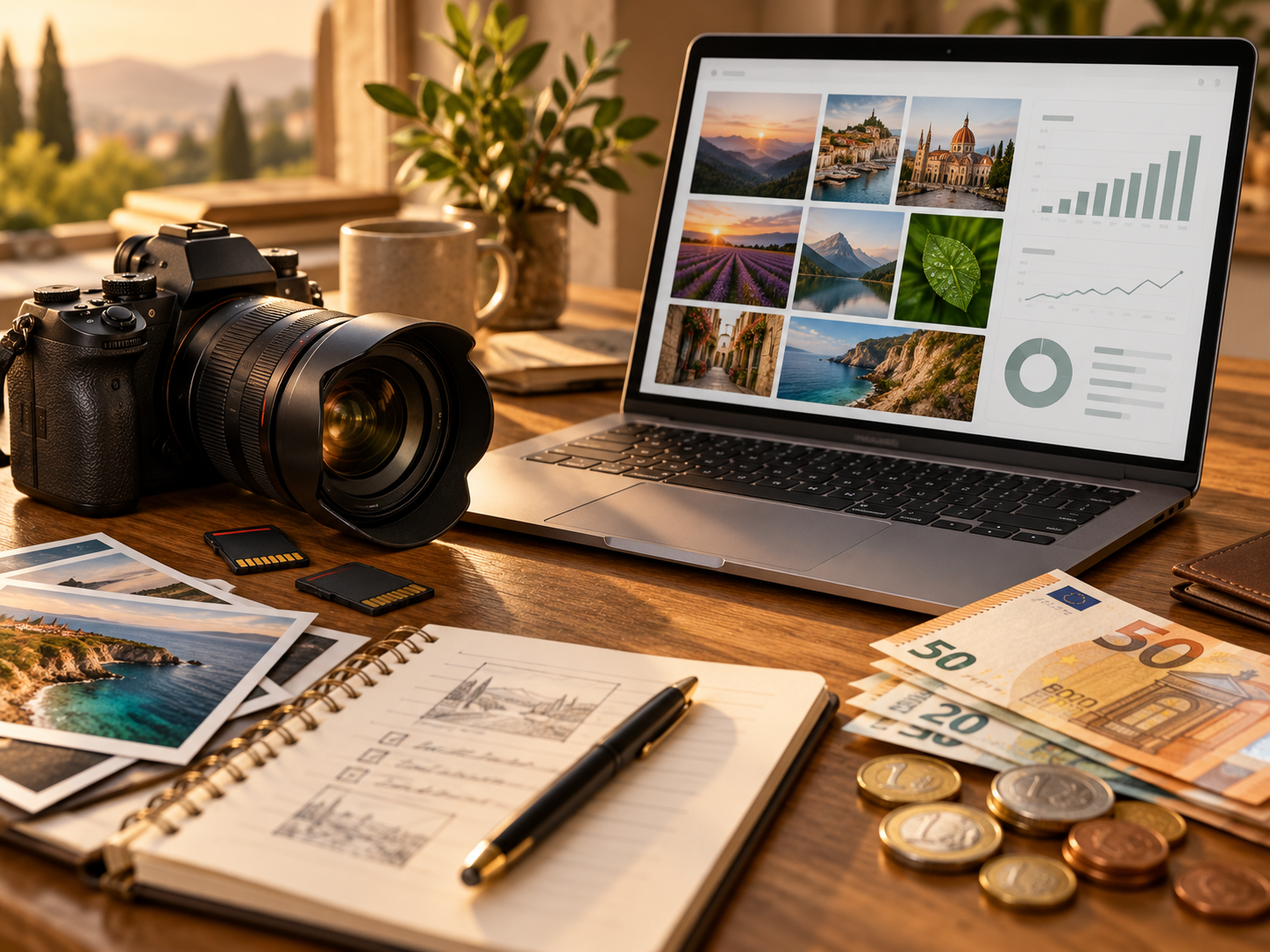 Escena conceptual de un espacio de trabajo fotográfico con cámara, portátil y analíticas que representa ingresos por fotografía de stock.