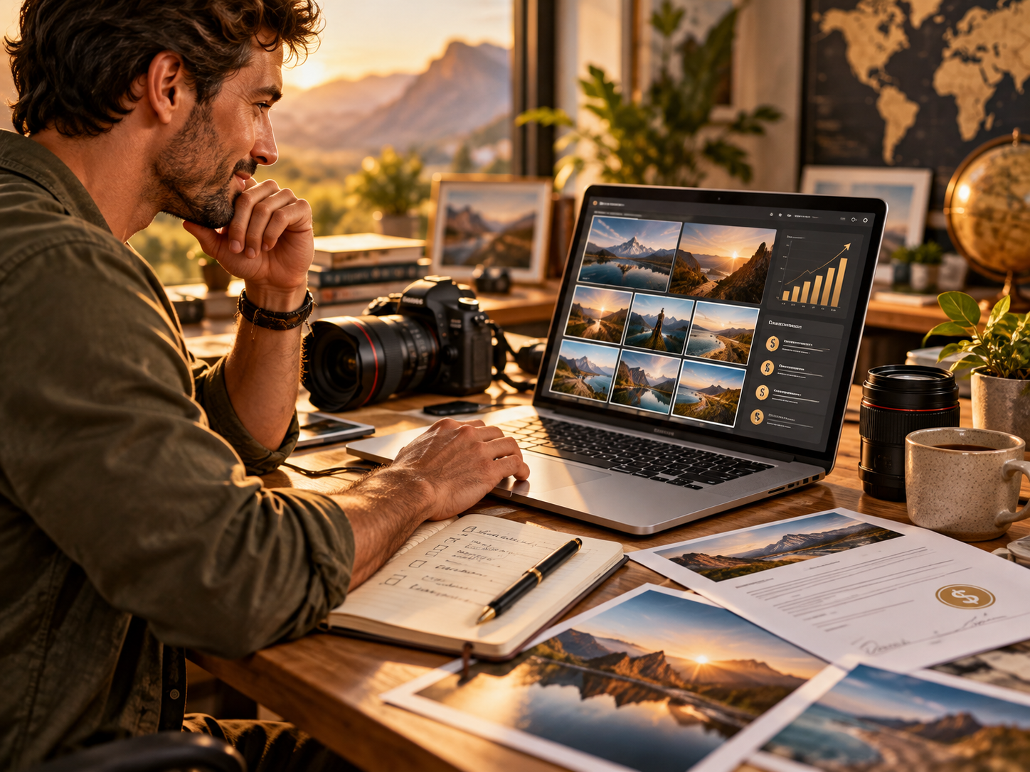 Imagen conceptual de un fotógrafo planificando un negocio de fotografía de stock en un portátil con imágenes y gráficos de crecimiento.