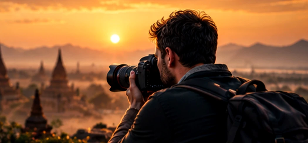 Ilustración conceptual de un fotógrafo al atardecer frente a un paisaje histórico