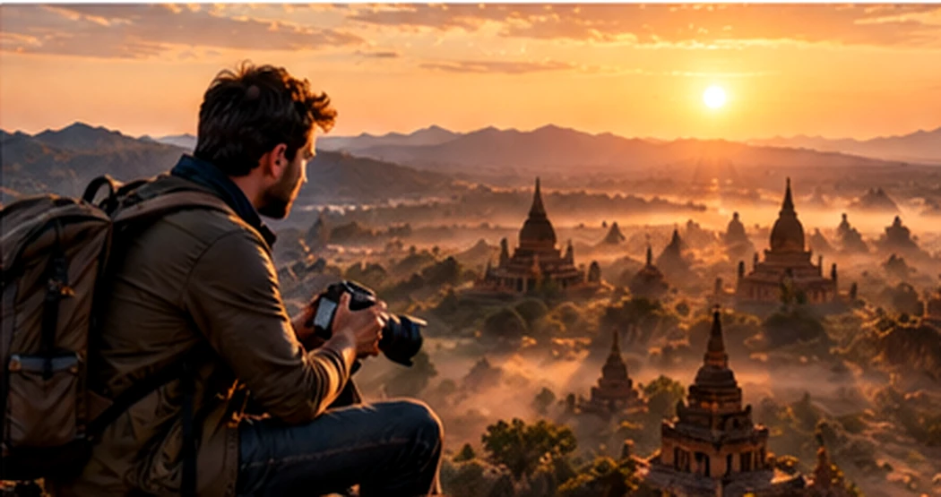 Ilustración conceptual de un fotógrafo viajero contemplando un paisaje histórico al amanecer