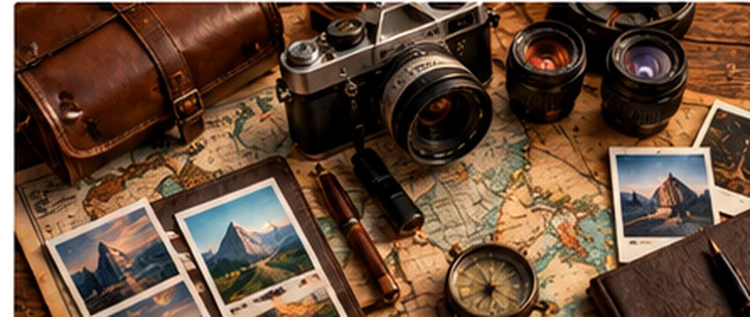 Imagen conceptual de una cámara, mapas, cuaderno y fotografías de viajes