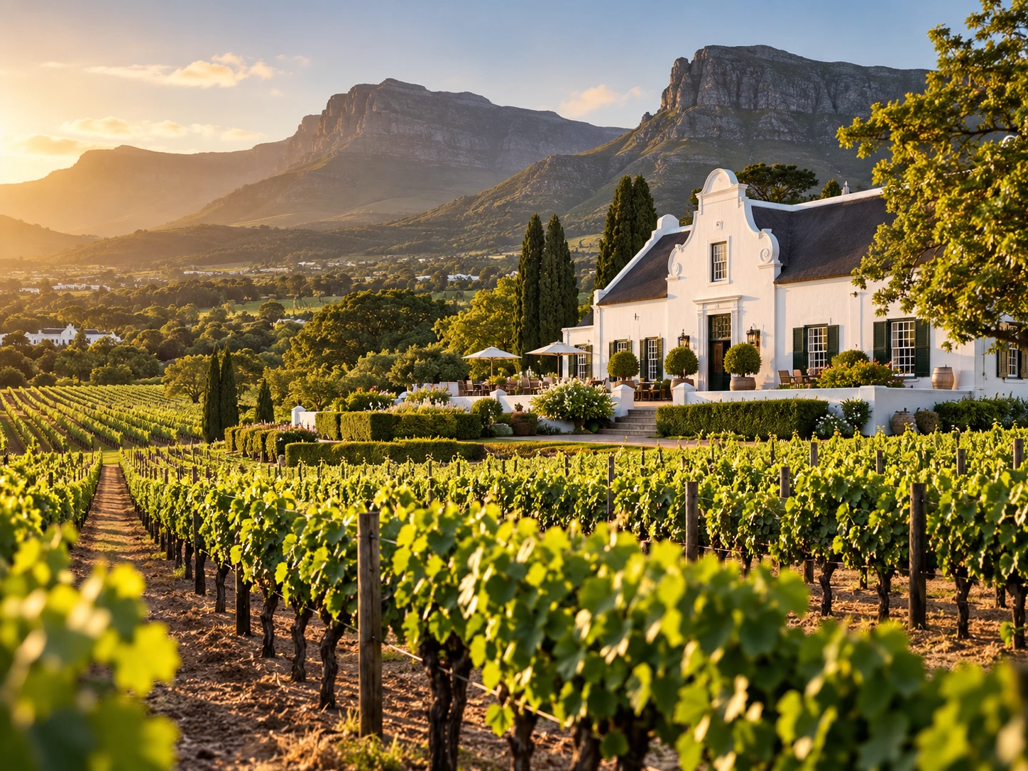 Recreación artística de una finca vinícola en Constantia