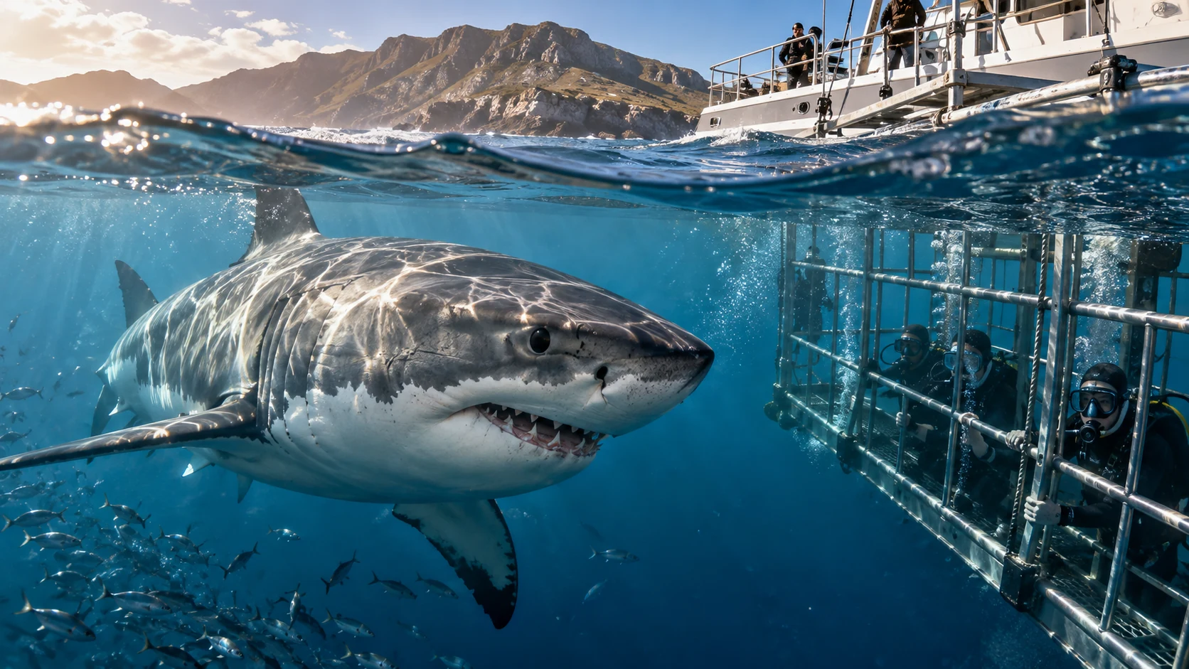 Tiburón blanco junto a una jaula