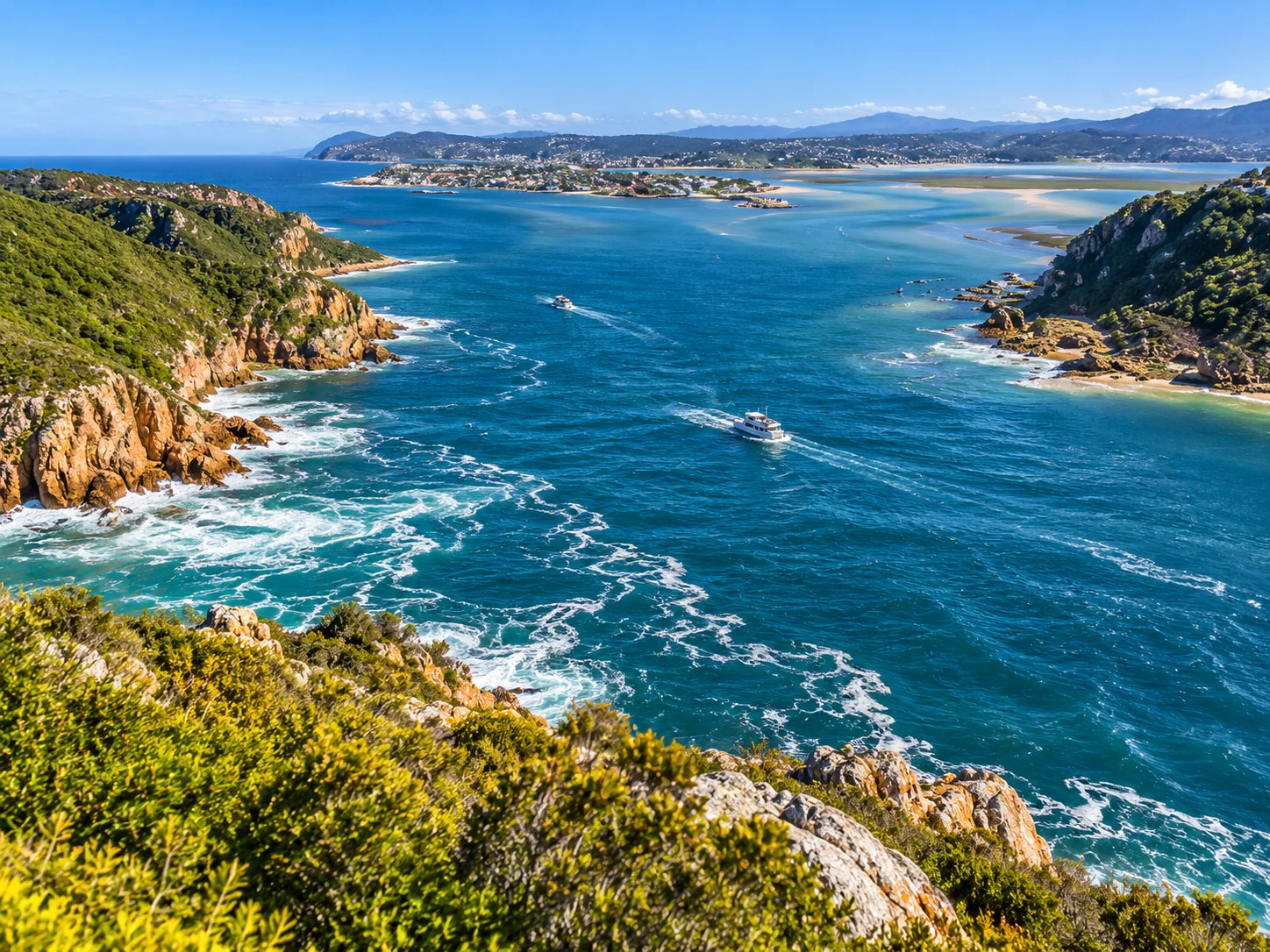 Imagen editorial digital ilustrativa: Knysna Heads: entrada al estuario. No es una fotografía tomada in situ.
