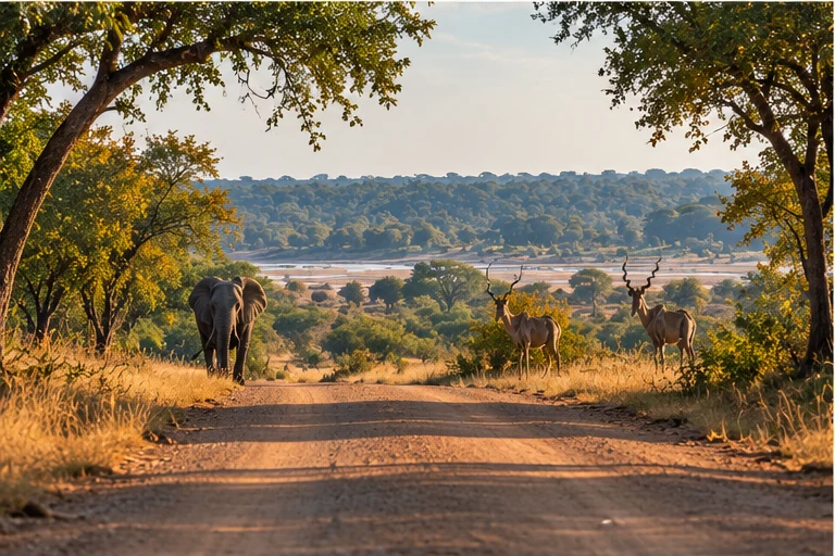 Recreación editorial del safari entre mopanes, elefante y antílopes