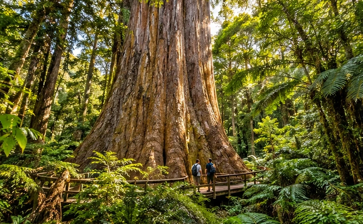 Recreación artística de un bosque autóctono de árboles gigantes