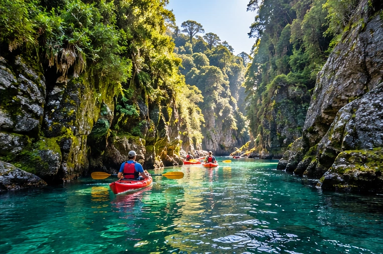 Visual original de excursión en kayak en una garganta verde