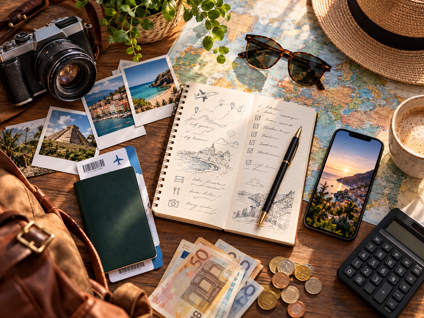 Travel-budget planning workspace with notebook, camera, passport and calculator