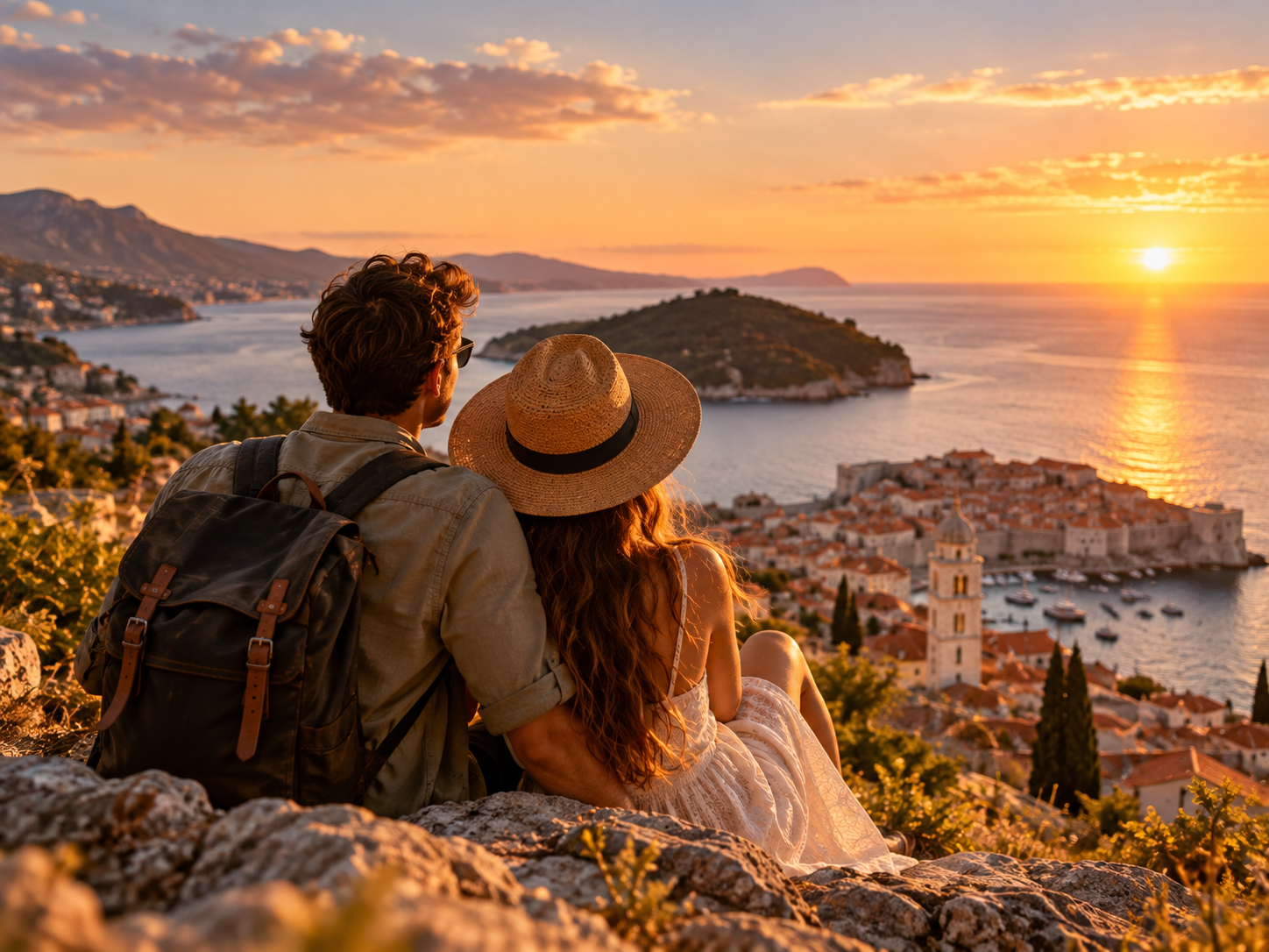 Couple of travellers enjoying a golden-hour sunset over a coastal destination