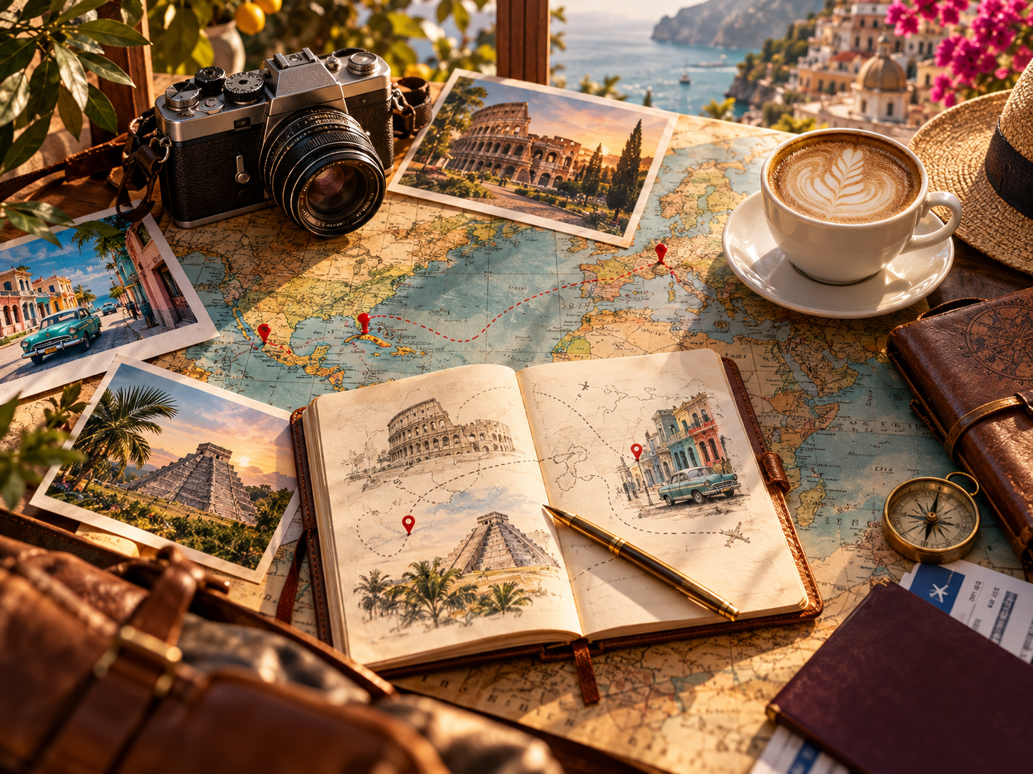 Travel planning desk with map, camera, notebook and route inspiration