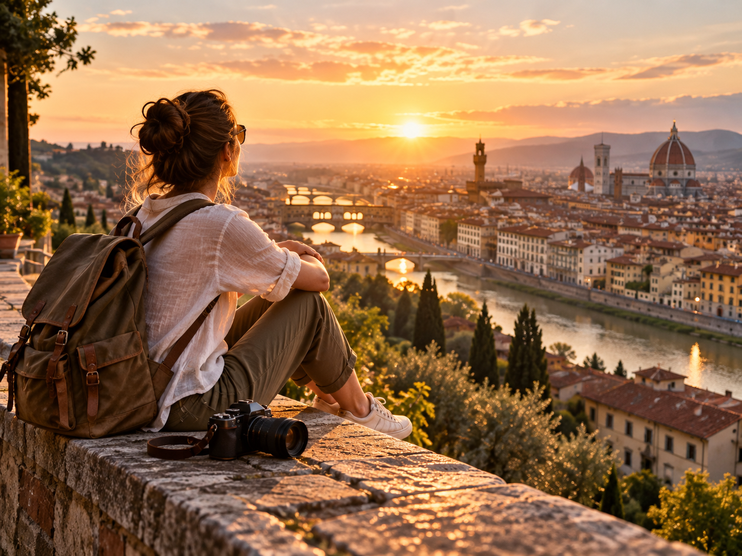 Solo traveller watching sunrise over Florence with a camera and backpack
