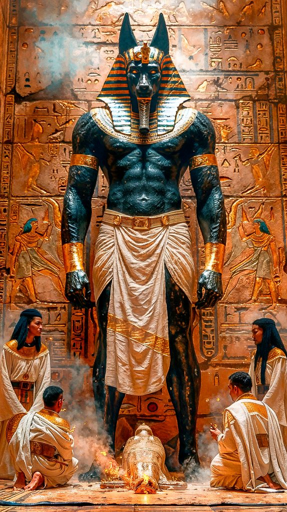 Imponente Anubis de tres metros con tocado dorado y piel negra, rodeado de sacerdotes egipcios durante un rito funerario dentro de una cámara cubierta de jeroglíficos.